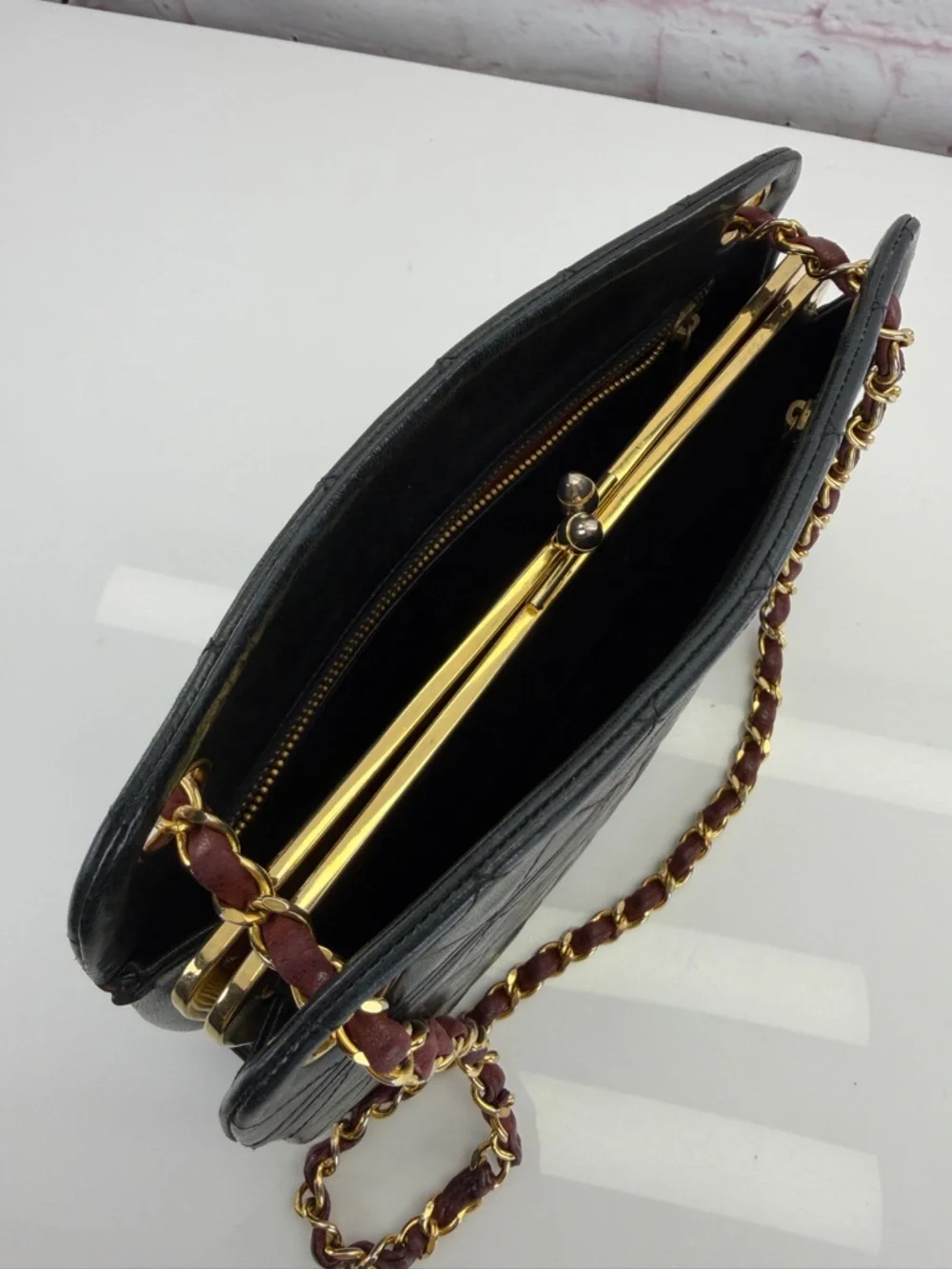 Chanel Vintage Calfksin Black Quilted Chain Kisslock Shoulder Bag